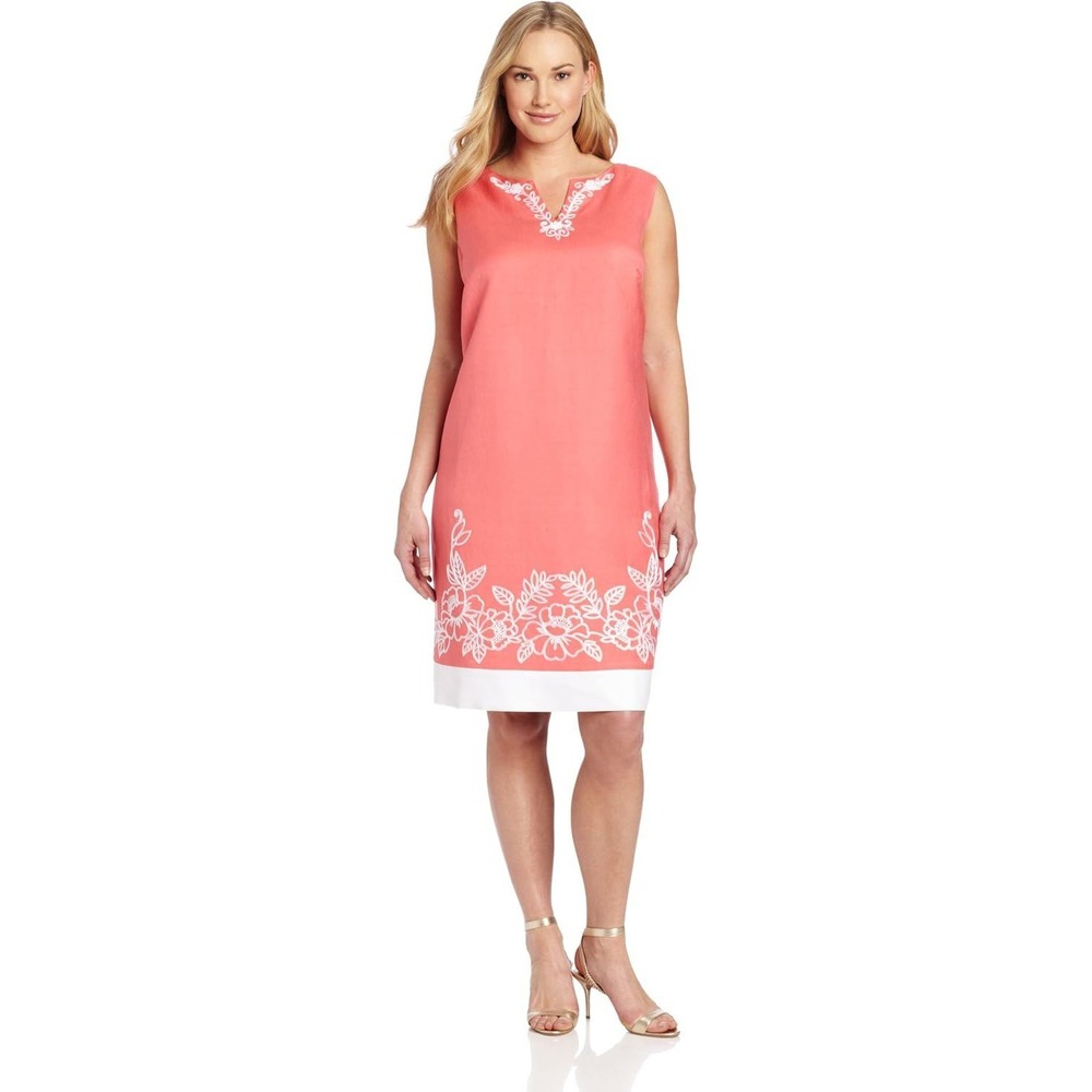 Jessica Howard Linen Coral Dress Floral Embroidered Sleeveless Sheath Size 24W